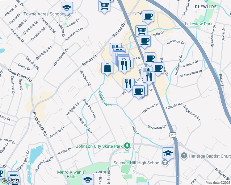 map of restaurants, bars, coffee shops, grocery stores, and more near 211 Mockingbird Ln in Johnson City