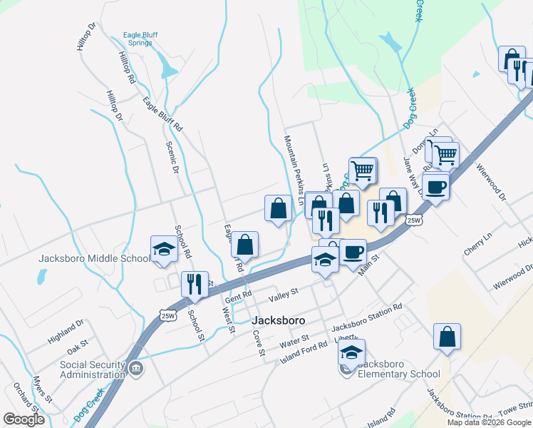 map of restaurants, bars, coffee shops, grocery stores, and more near 141 Starz Lane in Jacksboro