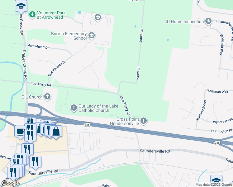 map of restaurants, bars, coffee shops, grocery stores, and more near 1410 Stop Thirty Rd in Hendersonville
