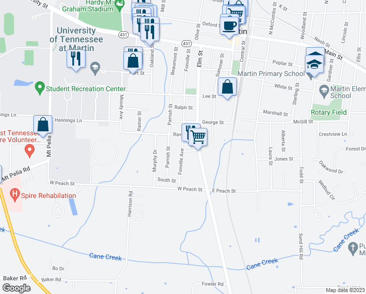 map of restaurants, bars, coffee shops, grocery stores, and more near 510 Fonville Avenue in Martin