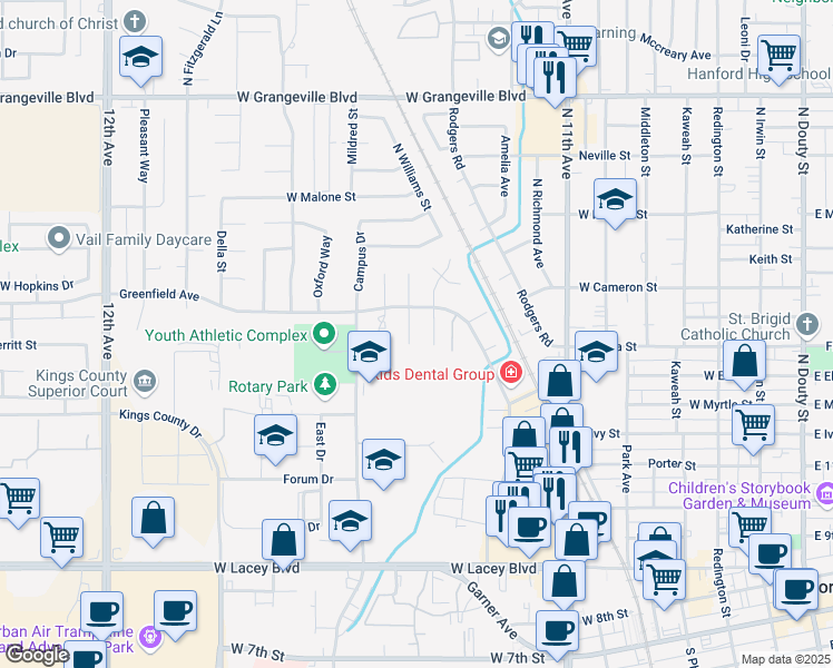 map of restaurants, bars, coffee shops, grocery stores, and more near 1077 Greenfield Avenue in Hanford