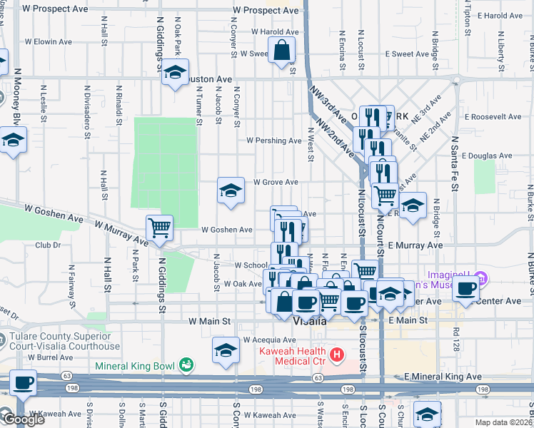 map of restaurants, bars, coffee shops, grocery stores, and more near 716 North Stevenson Street in Visalia