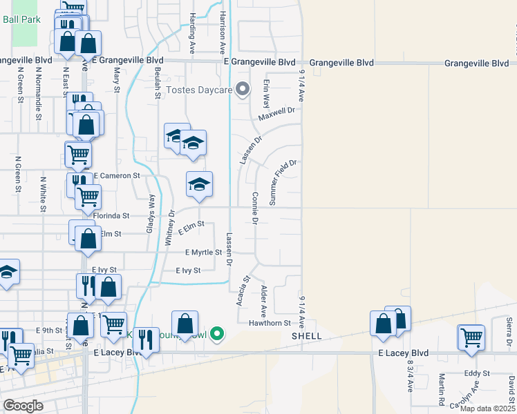 map of restaurants, bars, coffee shops, grocery stores, and more near 1042 Connie Drive in Hanford