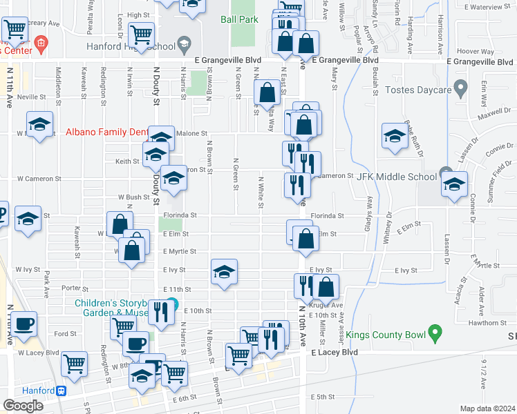 map of restaurants, bars, coffee shops, grocery stores, and more near 1038 North White Street in Hanford