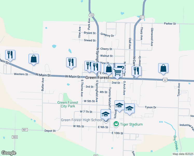 map of restaurants, bars, coffee shops, grocery stores, and more near in Green Forest