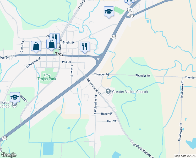 map of restaurants, bars, coffee shops, grocery stores, and more near 501 Mary Jane Street in Troy