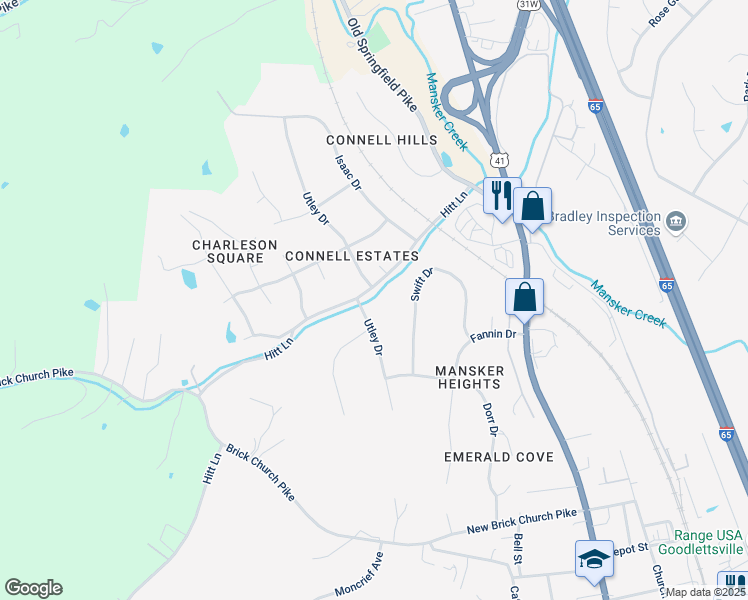 map of restaurants, bars, coffee shops, grocery stores, and more near 401 Hitt Lane in Goodlettsville