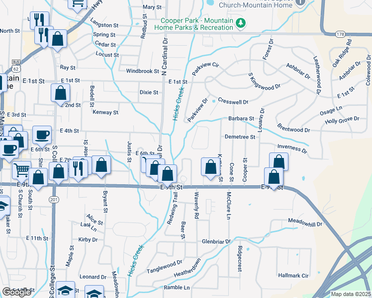 map of restaurants, bars, coffee shops, grocery stores, and more near 331 Cherry Lane in Mountain Home
