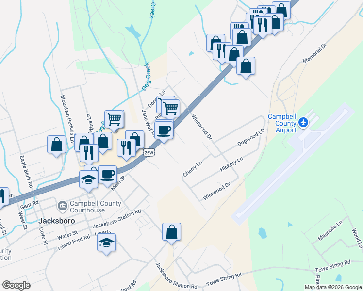 map of restaurants, bars, coffee shops, grocery stores, and more near 2629 Jacksboro Pike in Jacksboro