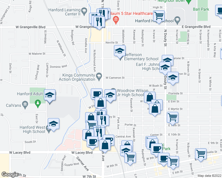 map of restaurants, bars, coffee shops, grocery stores, and more near 1102 Whitmore Street in Hanford