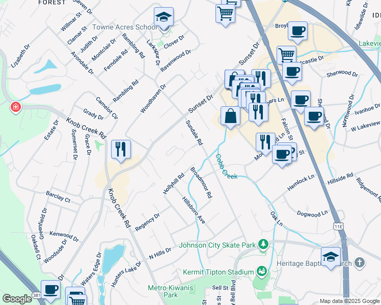 map of restaurants, bars, coffee shops, grocery stores, and more near 609 Franklin Square Court in Johnson City