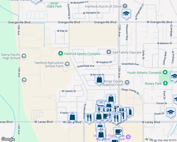 map of restaurants, bars, coffee shops, grocery stores, and more near 2014 West Humboldt Drive in Hanford