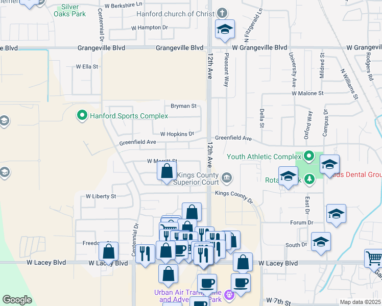 map of restaurants, bars, coffee shops, grocery stores, and more near 1762-1786 West Humboldt Drive in Hanford