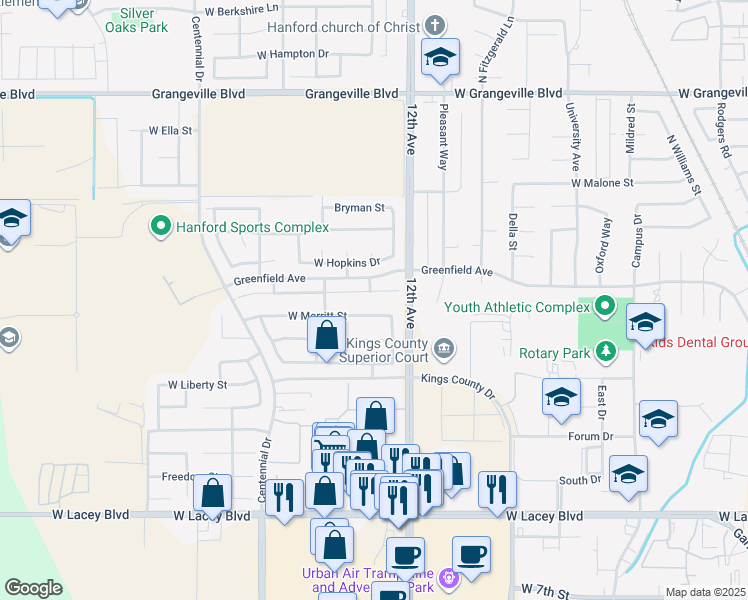 map of restaurants, bars, coffee shops, grocery stores, and more near 1762-1786 West Humboldt Drive in Hanford
