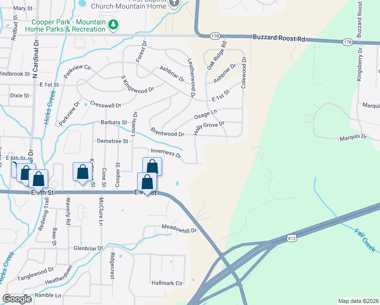 map of restaurants, bars, coffee shops, grocery stores, and more near 402 Holly Grove Drive in Mountain Home