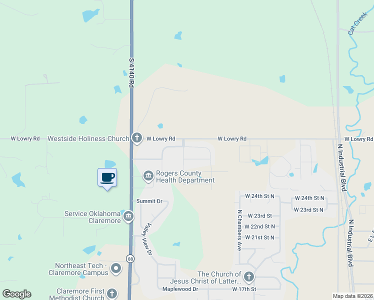 map of restaurants, bars, coffee shops, grocery stores, and more near 1607 Forest Park Drive in Claremore