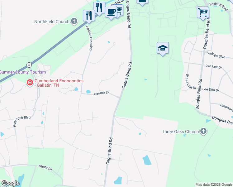 map of restaurants, bars, coffee shops, grocery stores, and more near 100 Gaston Street in Gallatin