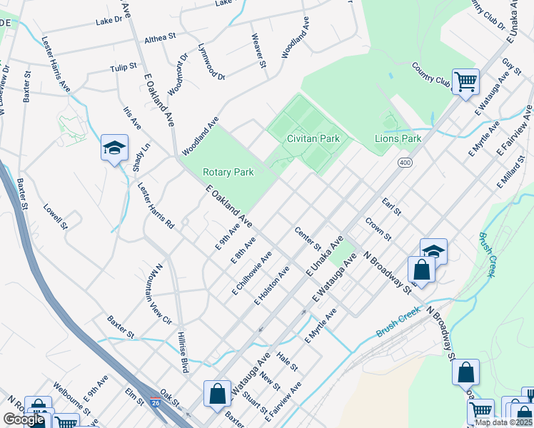 map of restaurants, bars, coffee shops, grocery stores, and more near 1109 East 8th Avenue in Johnson City