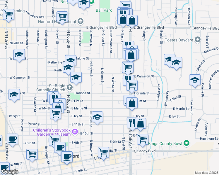 map of restaurants, bars, coffee shops, grocery stores, and more near 1038 North White Street in Hanford