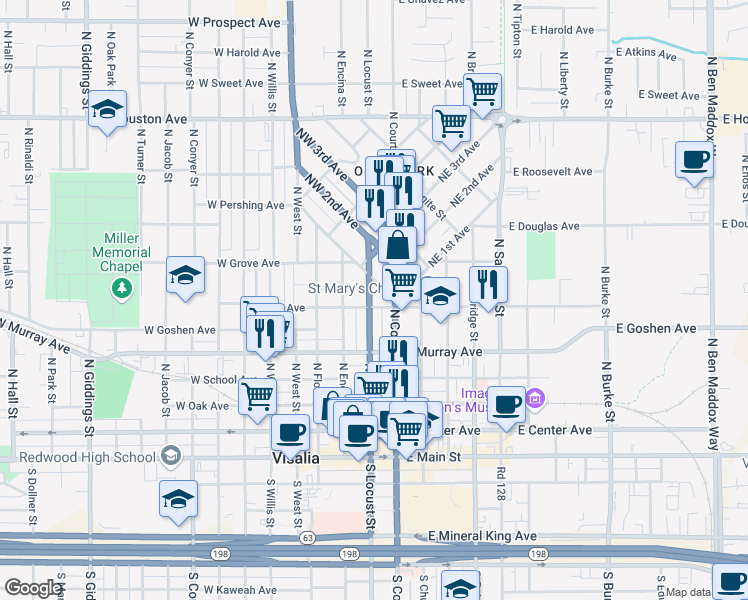 map of restaurants, bars, coffee shops, grocery stores, and more near 606 North Locust Street in Visalia
