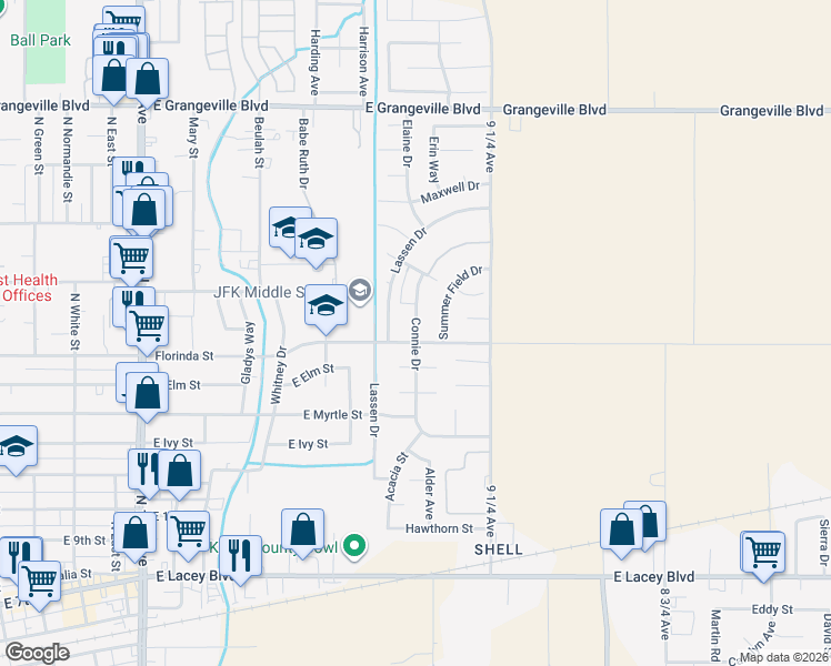 map of restaurants, bars, coffee shops, grocery stores, and more near 1042 Connie Drive in Hanford