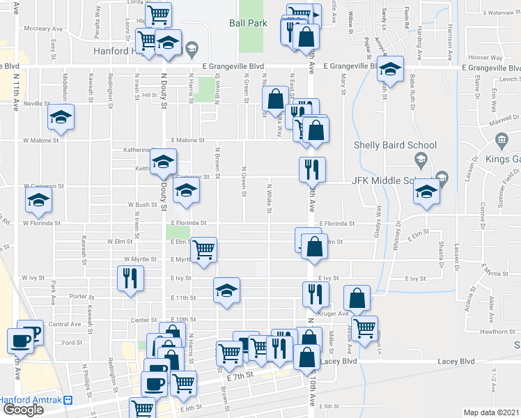 map of restaurants, bars, coffee shops, grocery stores, and more near 1038 North White Street in Hanford
