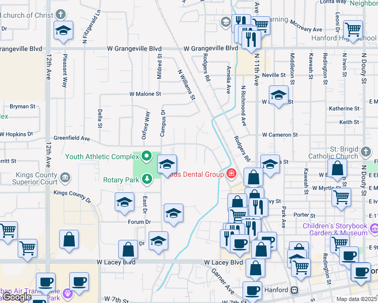 map of restaurants, bars, coffee shops, grocery stores, and more near 1077 Greenfield Avenue in Hanford
