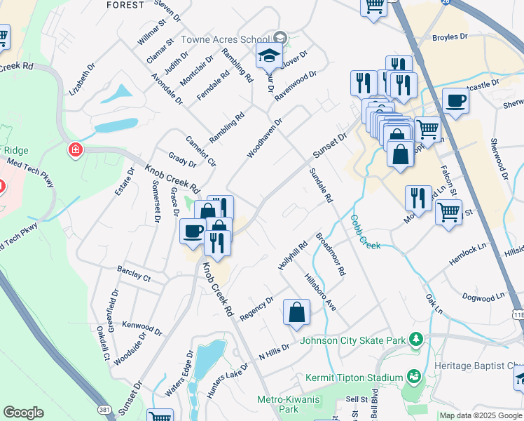 map of restaurants, bars, coffee shops, grocery stores, and more near 716 Sunset Drive in Johnson City