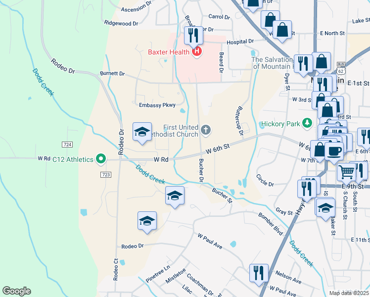 map of restaurants, bars, coffee shops, grocery stores, and more near 715 West 6th Street in Mountain Home