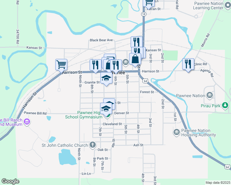 map of restaurants, bars, coffee shops, grocery stores, and more near 602 Forest Street in Pawnee