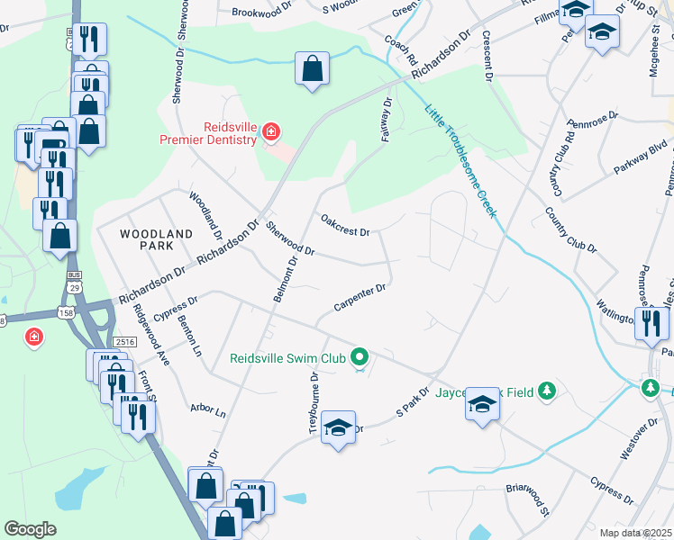 map of restaurants, bars, coffee shops, grocery stores, and more near 1012 Sherwood Drive in Reidsville