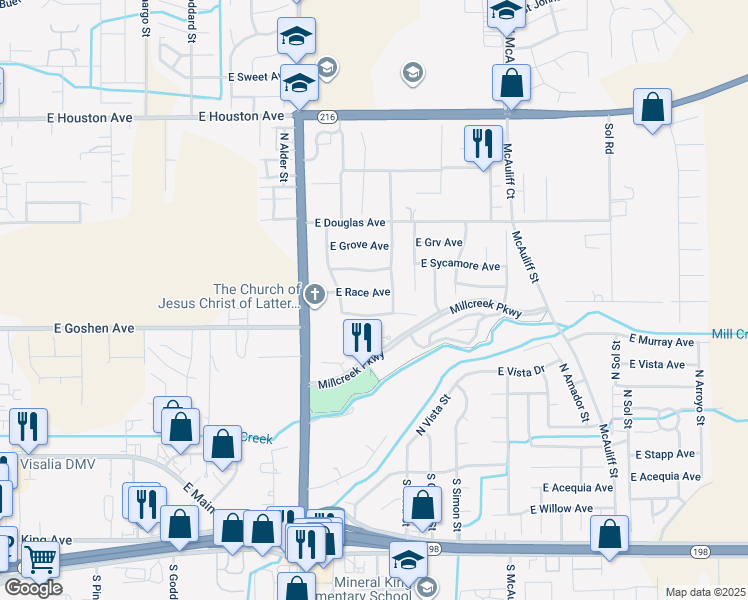 map of restaurants, bars, coffee shops, grocery stores, and more near 3143 East Race Avenue in Visalia