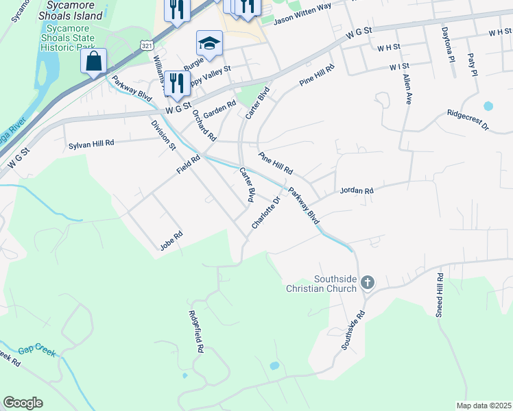 map of restaurants, bars, coffee shops, grocery stores, and more near 611 Carter Boulevard in Elizabethton