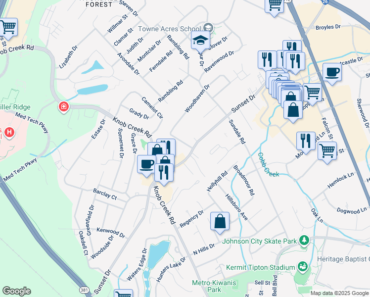 map of restaurants, bars, coffee shops, grocery stores, and more near 800 Sunset Drive in Johnson City