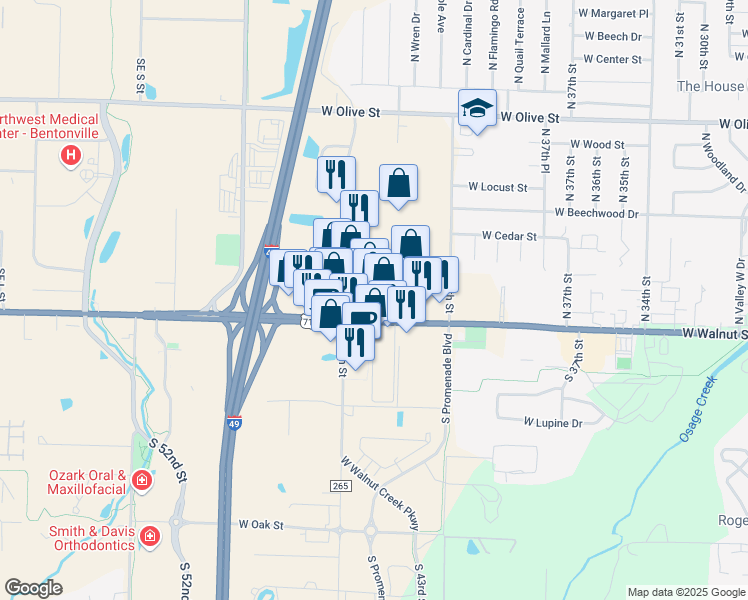 map of restaurants, bars, coffee shops, grocery stores, and more near 4411 West Walnut Street in Rogers