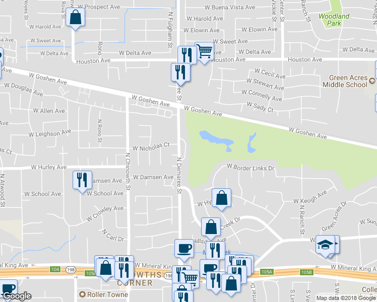 map of restaurants, bars, coffee shops, grocery stores, and more near 742 North Silvervale Drive in Visalia