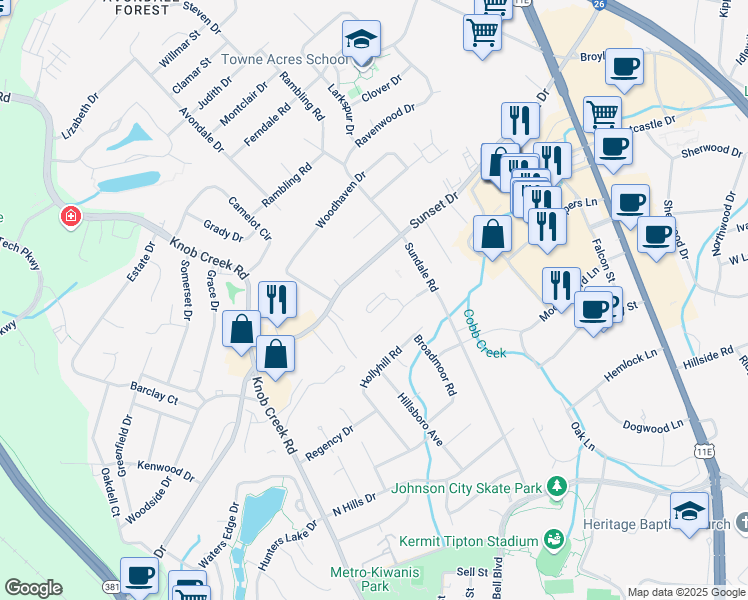 map of restaurants, bars, coffee shops, grocery stores, and more near 609 Sunset Drive in Johnson City