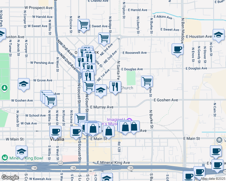 map of restaurants, bars, coffee shops, grocery stores, and more near 606 North Bridge Street in Visalia