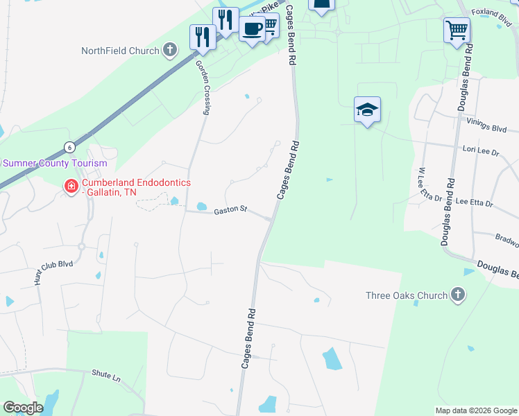 map of restaurants, bars, coffee shops, grocery stores, and more near 102 Gaston Street in Gallatin