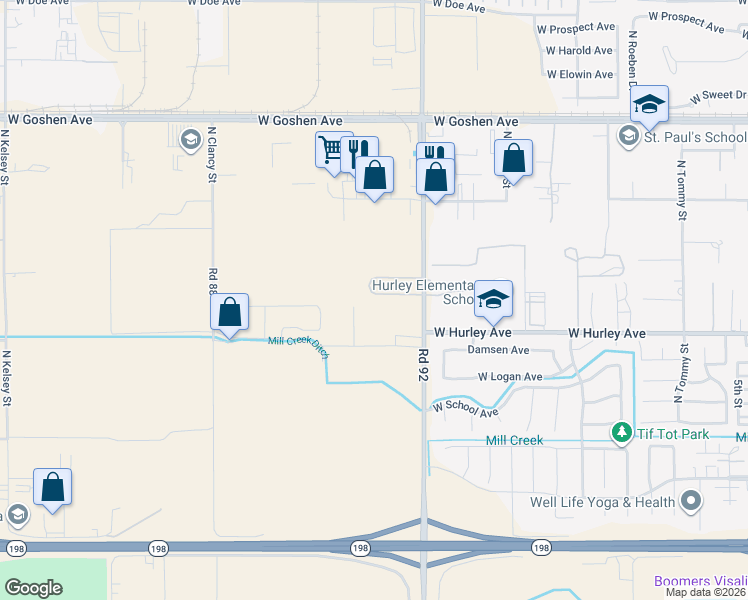 map of restaurants, bars, coffee shops, grocery stores, and more near 721 North Shirk Road in Visalia