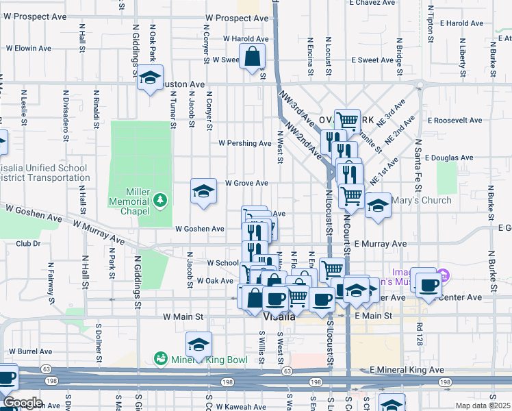 map of restaurants, bars, coffee shops, grocery stores, and more near 719 North Willis Street in Visalia
