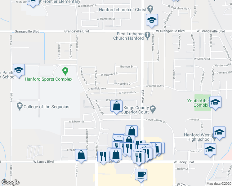 map of restaurants, bars, coffee shops, grocery stores, and more near West Humboldt Drive in Hanford