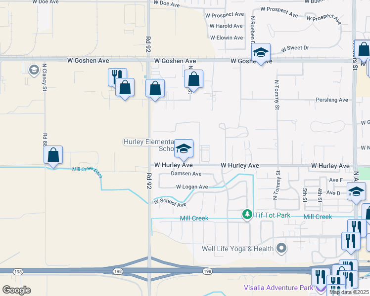 map of restaurants, bars, coffee shops, grocery stores, and more near 6600 West Hurley Avenue in Visalia