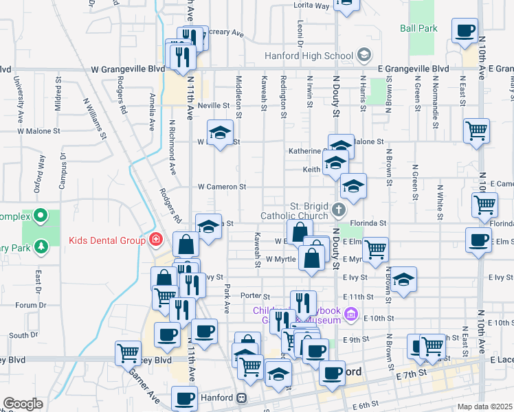map of restaurants, bars, coffee shops, grocery stores, and more near 324 West Bush Street in Hanford