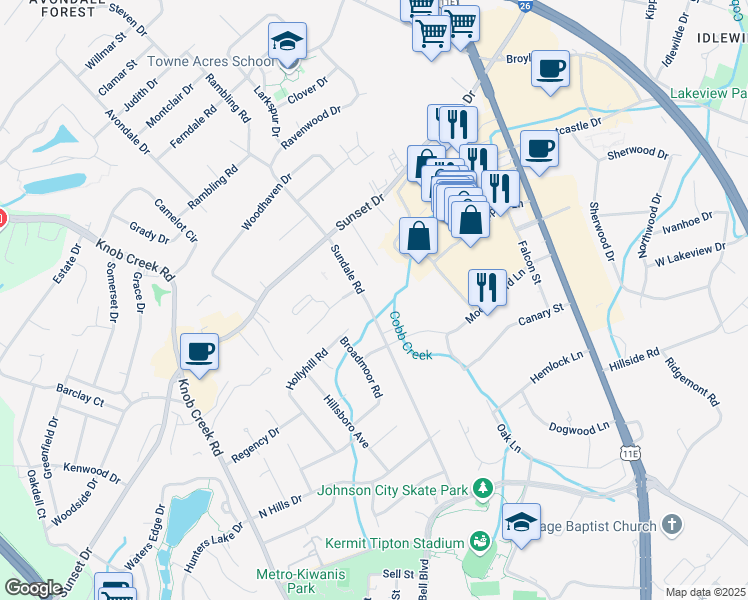 map of restaurants, bars, coffee shops, grocery stores, and more near 1916 Sundale Road in Johnson City