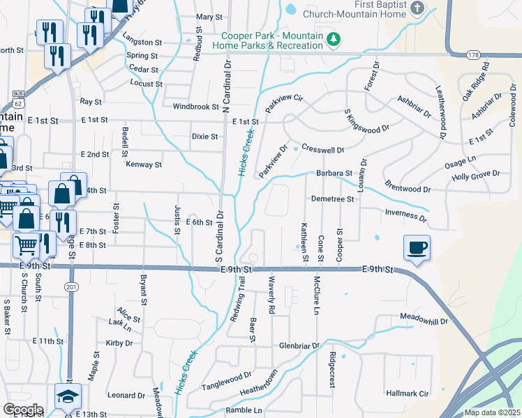map of restaurants, bars, coffee shops, grocery stores, and more near 331 Cherry Lane in Mountain Home