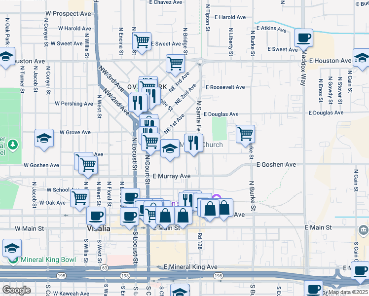 map of restaurants, bars, coffee shops, grocery stores, and more near 606-698 North Bridge Street in Visalia