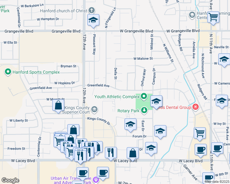 map of restaurants, bars, coffee shops, grocery stores, and more near 1501 Greenfield Avenue in Hanford