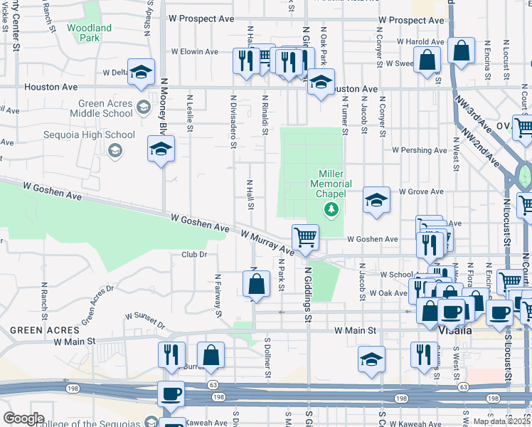map of restaurants, bars, coffee shops, grocery stores, and more near 712 North Rinaldi Street in Visalia