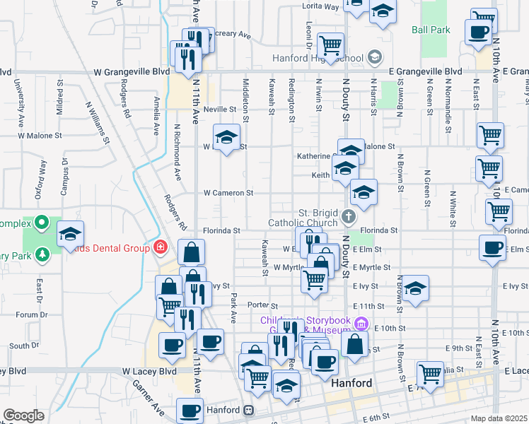 map of restaurants, bars, coffee shops, grocery stores, and more near 324 West Bush Street in Hanford